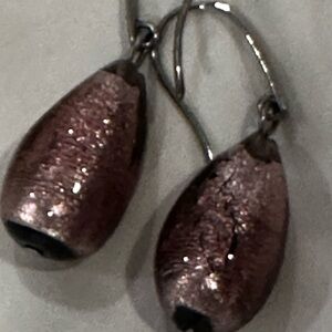 Pink Glass Long Pear Teardrop Dangle Earrings on Silver Hooks